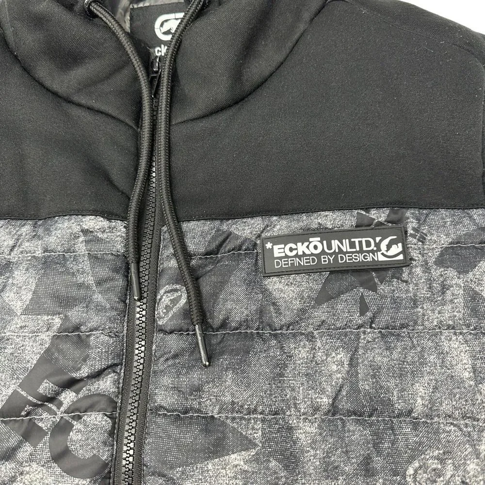 ECKO UNLTD Grey Black Camo Sleeveless‎ Hoodie Bomber Puffer Vest Jacket Coat Y2K